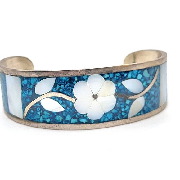 Turquoise Mother of Pearl Abalone Inlay Sterling Silver Bangle Bracelet Signed - Picture 3 of 5
